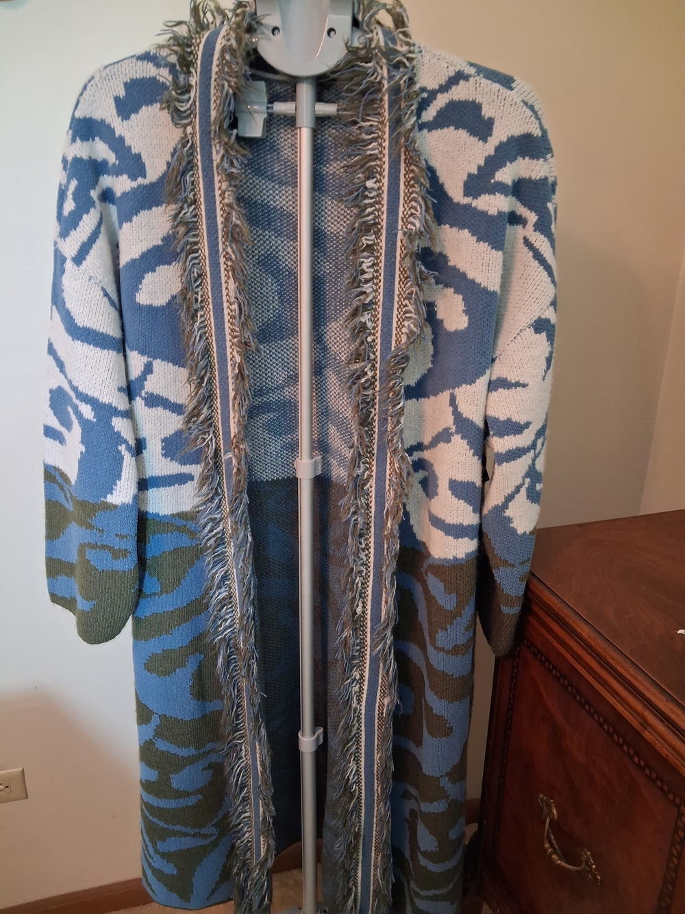 Vince Camuto Blue, White & Olive Fringed Open-Front Sweater Cardigan